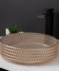 Bathroom Vessel Sink Crystal Glass Vessel Bowl Sink Light Brown Round Vessel Sink with intricate design on a countertop.