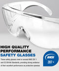 Close-up of Visitor Safety Glasses For Men And Women With Wraparound Polycarbonate Lenses, ANSI Z87 Certified, clear goggles.