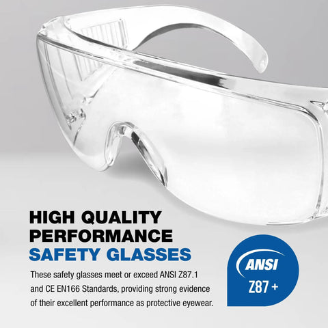 Close-up of Visitor Safety Glasses For Men And Women With Wraparound Polycarbonate Lenses, ANSI Z87 Certified, clear goggles.