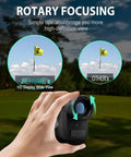 Dark red Golf Rangefinder With Slope, Flag-Lock, Vibration And Continuous Scan held in hand on golf course