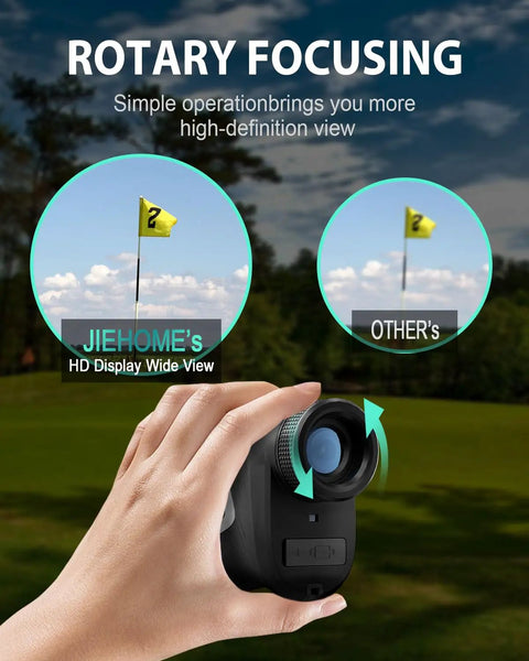 Dark red Golf Rangefinder With Slope, Flag-Lock, Vibration And Continuous Scan held in hand on golf course