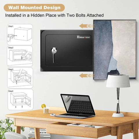 Compact Mini Safe Box For Home And Dorms With Key Lock, wall-mounted above a desk with installation steps illustrated.