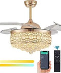 36 Inch Dimmable Fandelier With Remote And Retractable Blades, Polished Gold Finish, Boss Level Ceiling Fan Chandelier