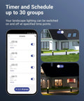 Smart Low Voltage Landscape Transformer with Schedule and Timer showing control app and lighting control on house