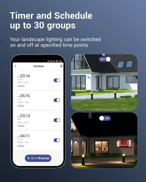Smart Low Voltage Landscape Transformer with Schedule and Timer showing control app and lighting control on house