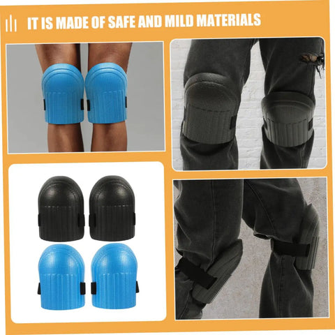 Heavy Duty Work Knee Pads For Men And Women With Tight Non Slip Grip Two Pairs In Sharp Blue And Black shown on legs.