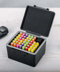 Heavy Duty Storage Box For Forty Four Aaa Batteries With Detachable Tester, open view showing diverse colored batteries.