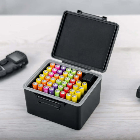Heavy Duty Storage Box For Forty Four Aaa Batteries With Detachable Tester, open view showing diverse colored batteries.