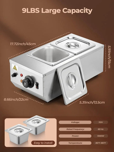 Pro Grade Two Tank Chocolate Tempering System 9 Lb Capacity Commercial Warmer And Melter 1000W Stainless Steel Detailed View
