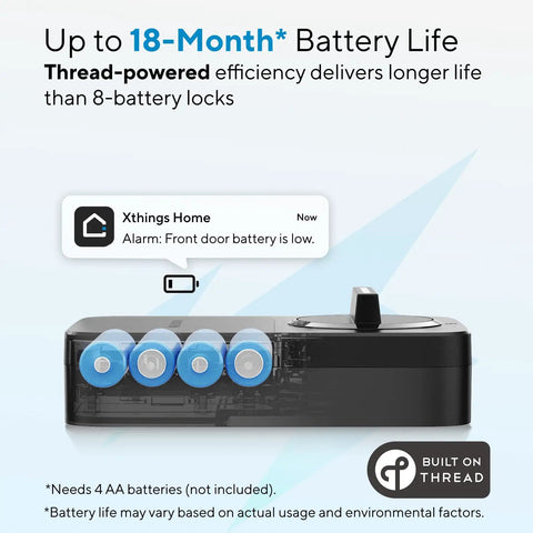 Heavy Duty Wireless Smart Deadbolt Featuring Slick Touch Interface And Hella Secure Biometric Scanning Plus No Sweat Wifi Pairing For Rock Solid Home Safety Upgrades showing battery life indicator with four blue batteries.