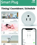 Smart Plug with timing and countdown features, shown with kettle, scheduled settings displayed on smartphone.