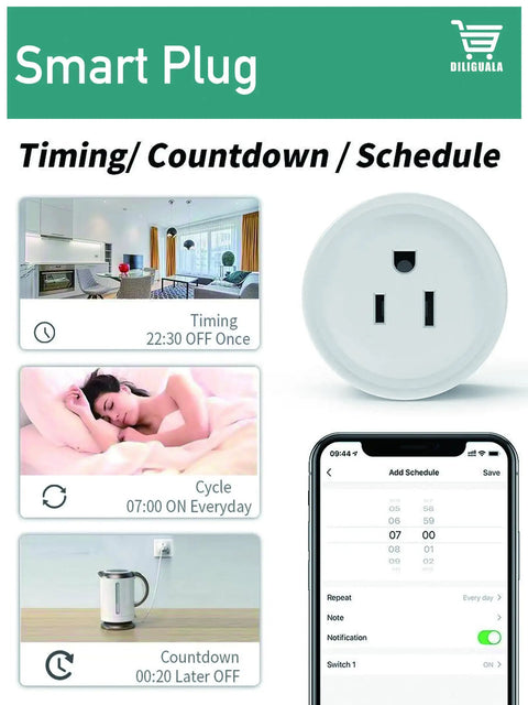 Smart Plug with timing and countdown features, shown with kettle, scheduled settings displayed on smartphone.