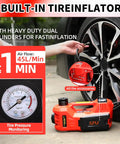 Rogtz 5 Ton Electric Hydraulic Car Jack Kit With Impact Wrench And Tire Inflator Pump showing built-in tire inflator and pressure gauge.