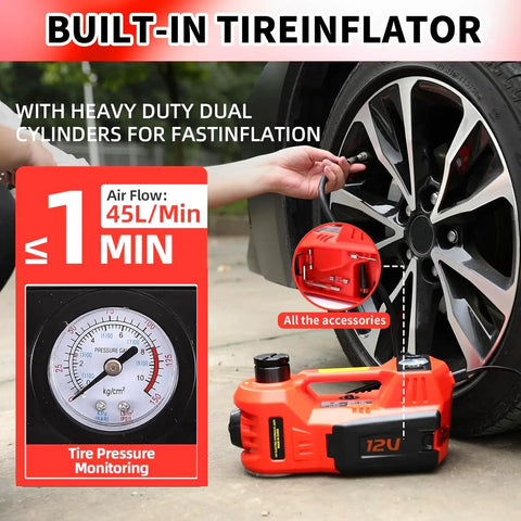 Rogtz 5 Ton Electric Hydraulic Car Jack Kit With Impact Wrench And Tire Inflator Pump showing built-in tire inflator and pressure gauge.