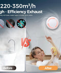 Comparison of bathroom before and after using Bathroom Exhaust Fan With Light And RGB Lights All In One Remote Control 2 Way Air Circulation 6 Speed Settings DC Motor 3000 RPM Energy Saving Ventilation For Attic Basement And Garage
