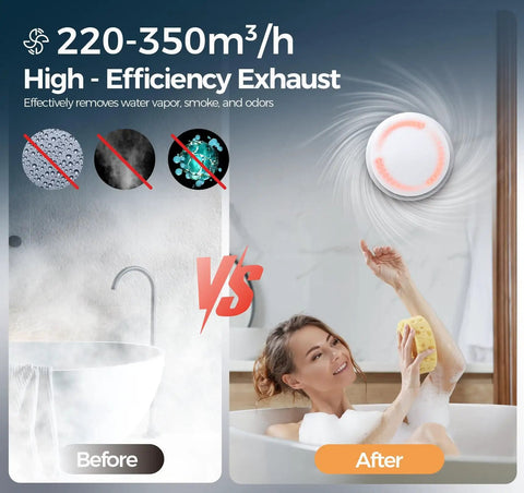 Comparison of bathroom before and after using Bathroom Exhaust Fan With Light And RGB Lights All In One Remote Control 2 Way Air Circulation 6 Speed Settings DC Motor 3000 RPM Energy Saving Ventilation For Attic Basement And Garage