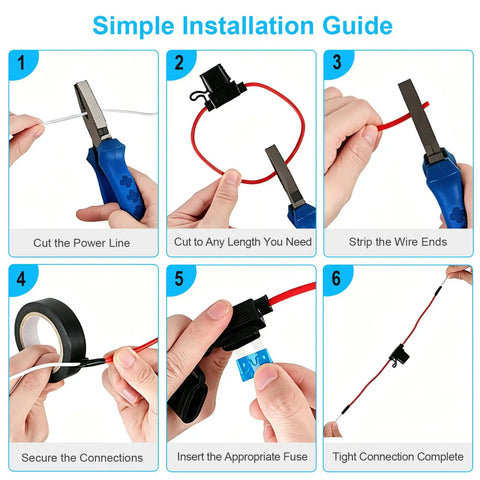 Simple installation guide steps for 4 Pack Heavy Hitter 10 Awg Inline Fuse Holder 12V Waterproof With 24 Blade Fuses.