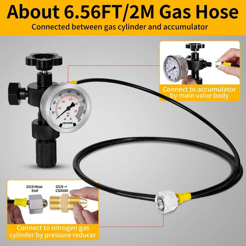Pro Grade Hydraulic Nitrogen Accumulator Filling Kit hose and gauge, showing connections to accumulator and gas cylinder, 6.56FT/2M length.