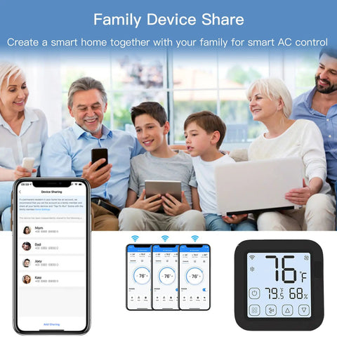 Family using WiFi Smart Air Conditioner Controller With LCD Touch Screen Easy Setup Thermostat, smartphone and controller icons visible