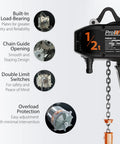 No Nonsense Heavy Duty Electric Chain Hoist Featuring Super Smooth Variable Speed Control shows load-bearing plates, chain guide, limit switches, and motor.