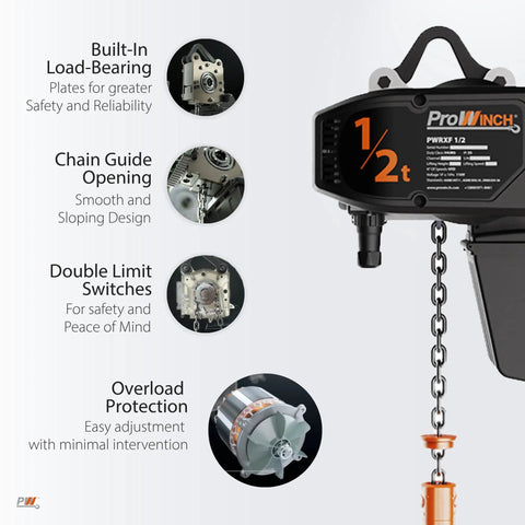No Nonsense Heavy Duty Electric Chain Hoist Featuring Super Smooth Variable Speed Control shows load-bearing plates, chain guide, limit switches, and motor.