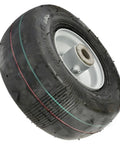 Heavy Duty Silver Caster Wheel Assembly Compatible With Ferris 5021181SSM 9X3.50X4 pneumatic tire shown from an angle.