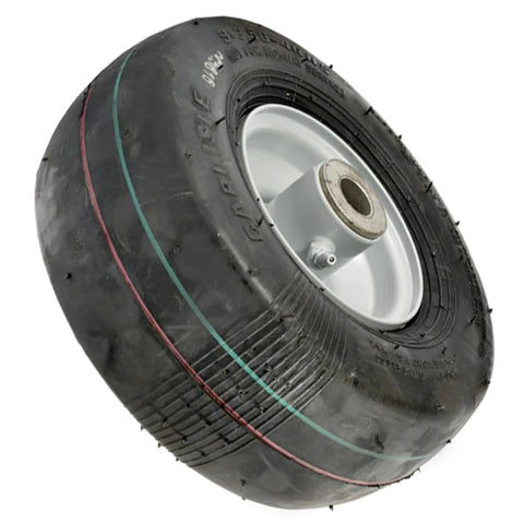 Heavy Duty Silver Caster Wheel Assembly Compatible With Ferris 5021181SSM 9X3.50X4 pneumatic tire shown from an angle.