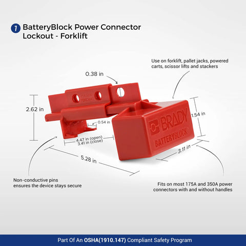 Red BatteryBlock power connector lockout for forklift safety with detailed dimensions and usage instructions