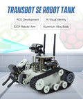 Tank Chassis Robot Kit With Dope AI Camera For Jetson Nano ROS Starter Pack DIY Programmable Project For Vision Recognition And Tracking OpenCV MediaPipe Python And C Plus Plus Coding Transbot SE Edition on display, showing aluminum alloy body with 3-DOF arm and AI camera.