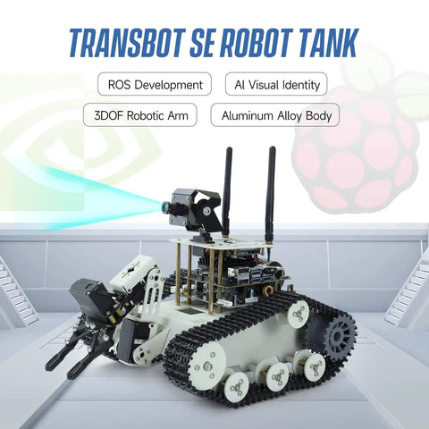 Tank Chassis Robot Kit With Dope AI Camera For Jetson Nano ROS Starter Pack DIY Programmable Project For Vision Recognition And Tracking OpenCV MediaPipe Python And C Plus Plus Coding Transbot SE Edition on display, showing aluminum alloy body with 3-DOF arm and AI camera.