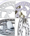 Close-up of 120mm 6-bolt stainless steel brake rotor for electric scooters and mountain bikes, hollow design for heat dissipation
