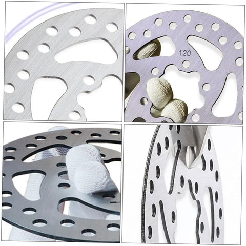 Close-up of 120mm 6-bolt stainless steel brake rotor for electric scooters and mountain bikes, hollow design for heat dissipation