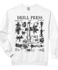 Solid Kickass Machinist Carpenter Drill Press Woodworking Vintage Patent Blueprint Adult Sweatshirt white pullover with drill press graphic.