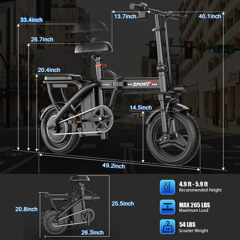 Electric Folding Bike For Adults And Teens, 800W 1200W Peak Motor, dimensions labeled, side view on urban street.