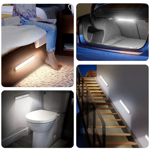 Battery Operated Motion Sensor Light For Indoor Use, Magnetic Under Cabinet Strip, Wireless Stick On Closet Night Light, Cool White Two Pack, Auto On With Movement, Easy Peel And Stick Mount, Ideal For Hallways And Dark Corners, shown in bedroom, stairway, bathroom, car trunk applications.