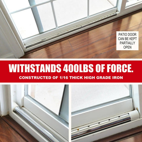 3 In 1 Door Security Bar For Home, Apartment, And Travel showing use on patio door, heavy duty adjustable lock bar in chrome finish.