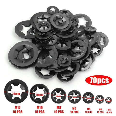 Pile of black heavy duty internal tooth star lock washers with sizes labeled, part of the 350-piece kit with locking fasteners.