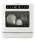 Heavy Duty Countertop Dishwasher With Four Smart Wash Cycles And Wide 360 Degree Rotating Spray. White unit displaying clean dishes.