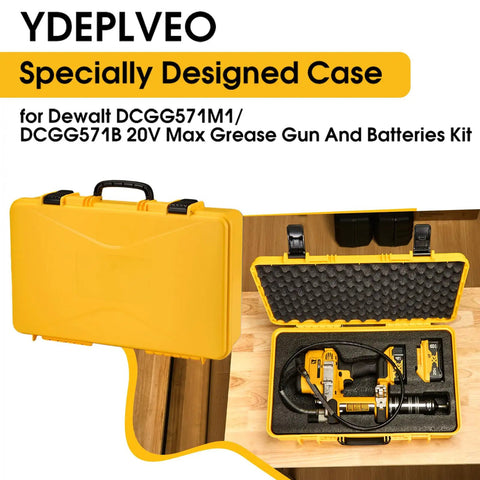 Beefy Hard Shell Case For 20V Max Grease Gun Kit DCGG571M1 DCGG571B shown open with foam interior and tools inside.