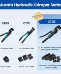 Beefed Up Hydraulic Crimping Tool With 9 Dies For One Eighth Inch Stainless Steel Cable Railing Kit And Twelve To Two Zero AWG Battery Cable Wire Rope Crimp Tool CT28 displayed with dies.