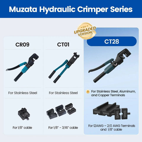 Beefed Up Hydraulic Crimping Tool With 9 Dies For One Eighth Inch Stainless Steel Cable Railing Kit And Twelve To Two Zero AWG Battery Cable Wire Rope Crimp Tool CT28 displayed with dies.