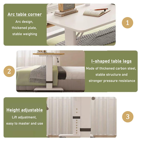 Straight Up Durable Height Adjustable Overbed Table With Easy Glide Locking Casters Mobile Laptop Desk For Bedroom Or Sofa Heavy Duty Wood Roll Around Study Space Built Tough, showcasing arc table corner and I-shaped legs.