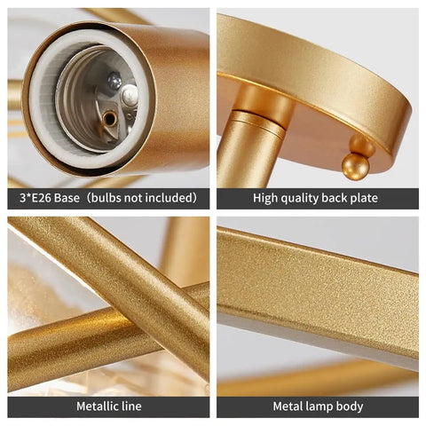 Detailed view of gold 3 Light Vintage Farmhouse Industrial Dope Semi Flush Mount Ceiling Light In Gold Finish, showing E26 base and metallic body.