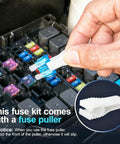 160Pcs Mini Blade Fuse Kit With Auto Fuse Puller For Cars Trucks RVs And Motorcycles, 11 Amp Ratings From 2A To 40A, 160 Fuses For Quick Electrical Repairs, hand using fuse puller in fuse box