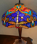 Julia Tiffany Style Dragonfly 2 Light Table Lamp With Shade Handcrafted Glass Art In Gem Tones Dragonfly Motif on table