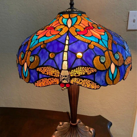 Julia Tiffany Style Dragonfly 2 Light Table Lamp With Shade Handcrafted Glass Art In Gem Tones Dragonfly Motif on table