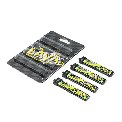 Four Pack 1S 680mAh LiHV Battery 3.8V 95C with BT2 connector for Tiny Whoop drones, blister pack and four batteries shown