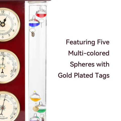 Analog Weather Station With Galileo Thermometer And Quartz Clock In Gold Finish Dope Barometer And Hygrometer Indoor Outdoor Home Decor Gift For Family Or Friends, showing thermometer with colored spheres and gold tags.