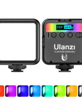 Front and back view of VL49 RGB Video Light For Cameras Pro Grade 360 Full Color LED Panel with color options displayed below.