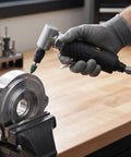 Rugged Air Angle Die Grinder 12000 RPM 90 Degree Right Angle Pneumatic Tool That Slips Into Tight Spaces Like Butter For Fast Auto Repair And Precision Grinding in use on an aluminum part.